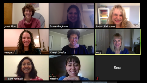 April 28th 2020 iJobs Women in Academic biology Virtual Panelists (from left to right Janet Alder, Lauren Aleksunes, Maribel Vazquez, Cheryl Dreyfus, Trancy Anthony, Sam Yadavalli) and reporting iJobs student bloggers (top and bottom of middle column Samantha Avina and Natalie Losada).