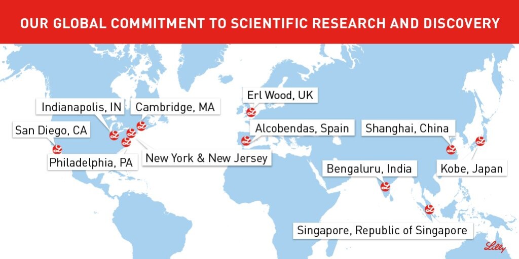 The locations of Eli Lilly's research and development facilities (note that this does not include the company's manufacturing plants or sales offices). From https://twitter.com/LillyPad/status/739118029976506368/photo/1