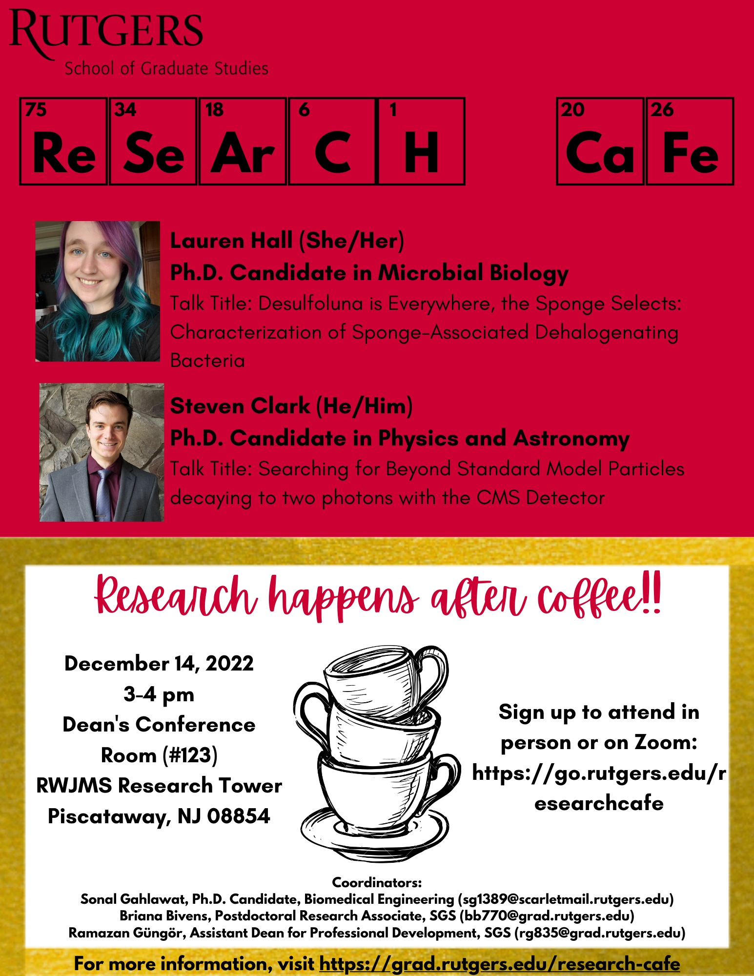 Flyer featuring Research Cafe speakers.