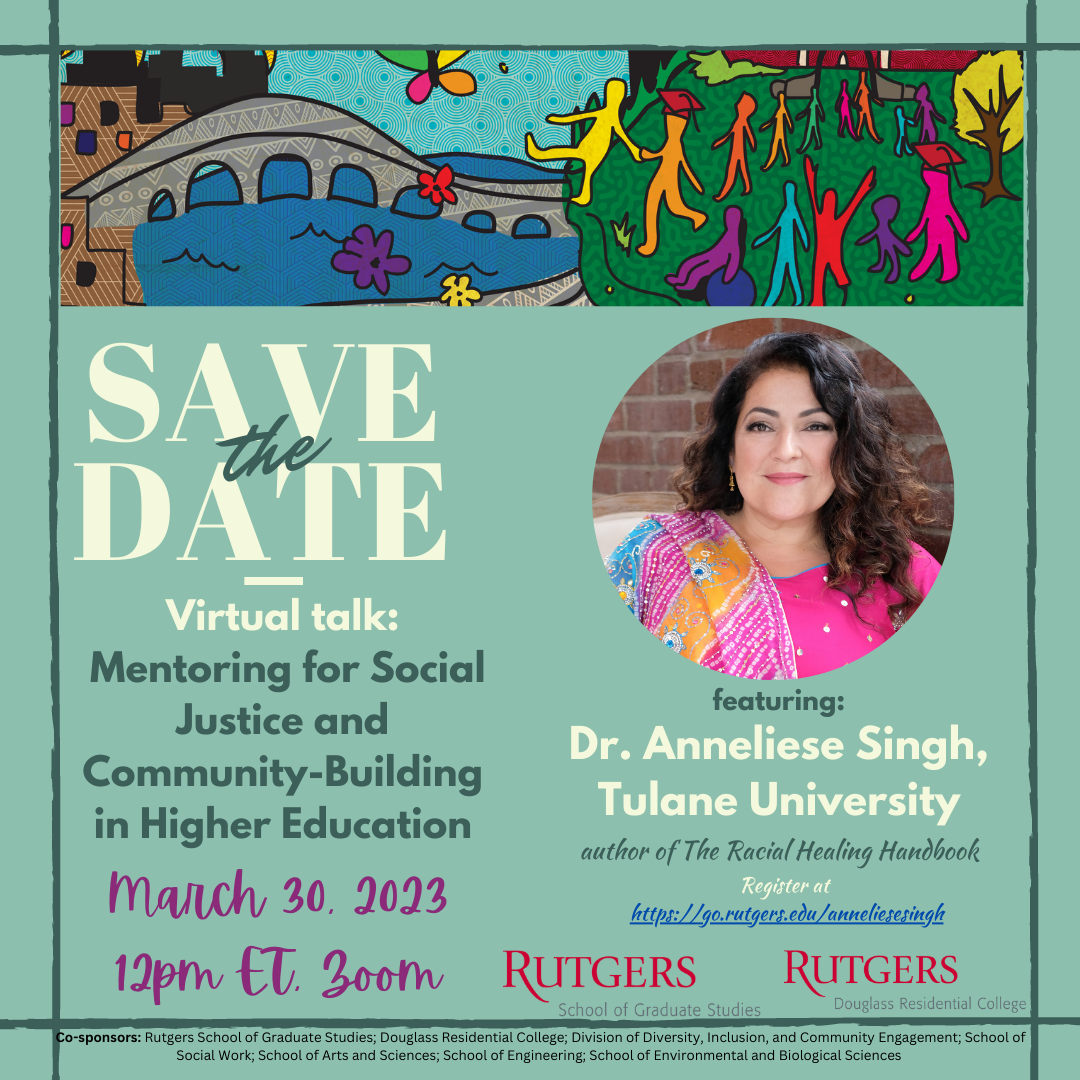 Teal flyer with Anneliese Singh image and date/time details for the talk.